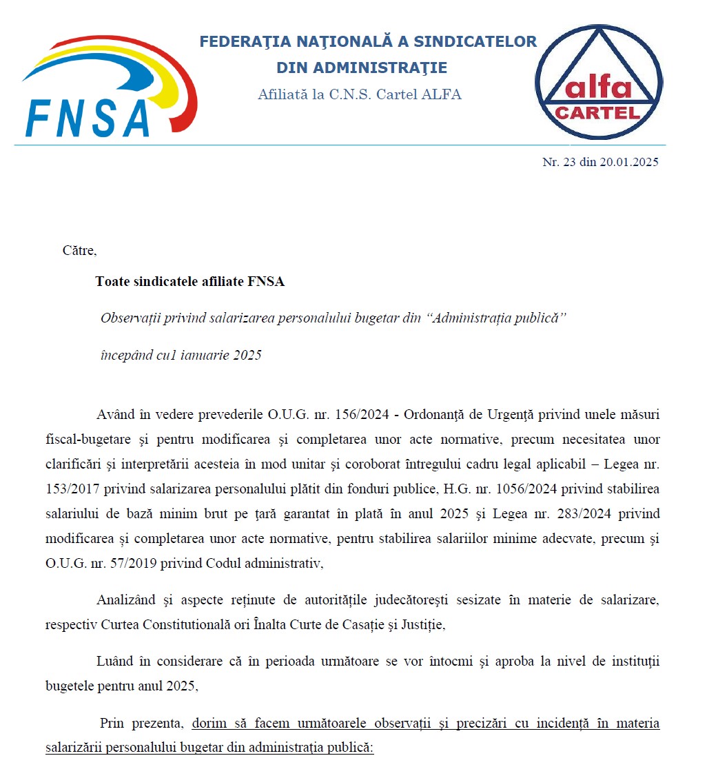 PRECIZĂRI/punct de vedere FNSA referitor la salarizarea in sectorul administratie publica - anul 2025