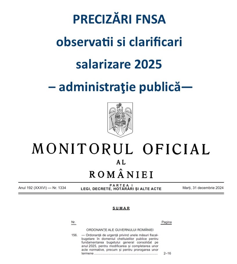 PRECIZĂRI/punct de vedere FNSA referitor la salarizarea in sectorul administratie publica - anul 2025